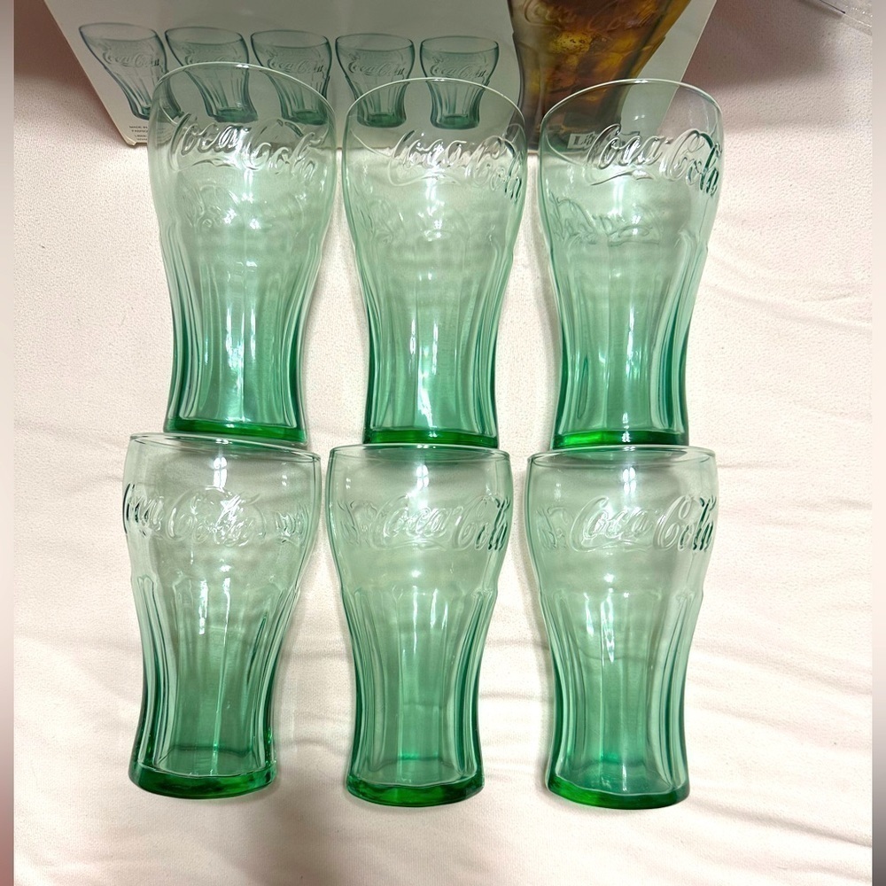 NEW Vintage Coca Cola Green 6 Glass Set WITH Original Box, 16.75 oz Libbey Glass